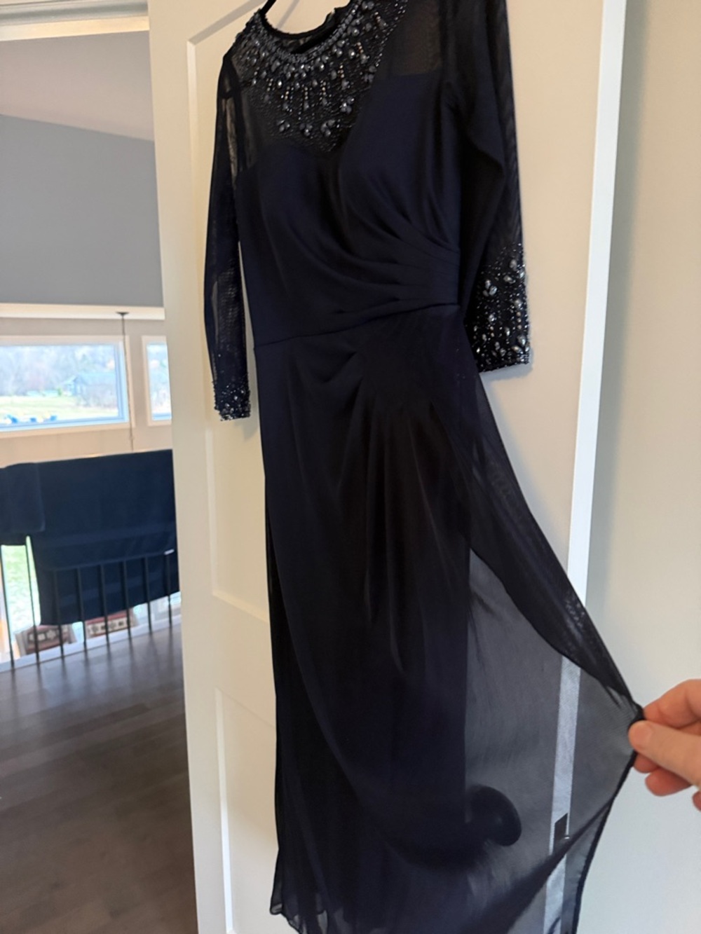 Alex Evenings Navy Beaded Mesh Midi Dress with Sheer Sleeves - Picture 3 of 5